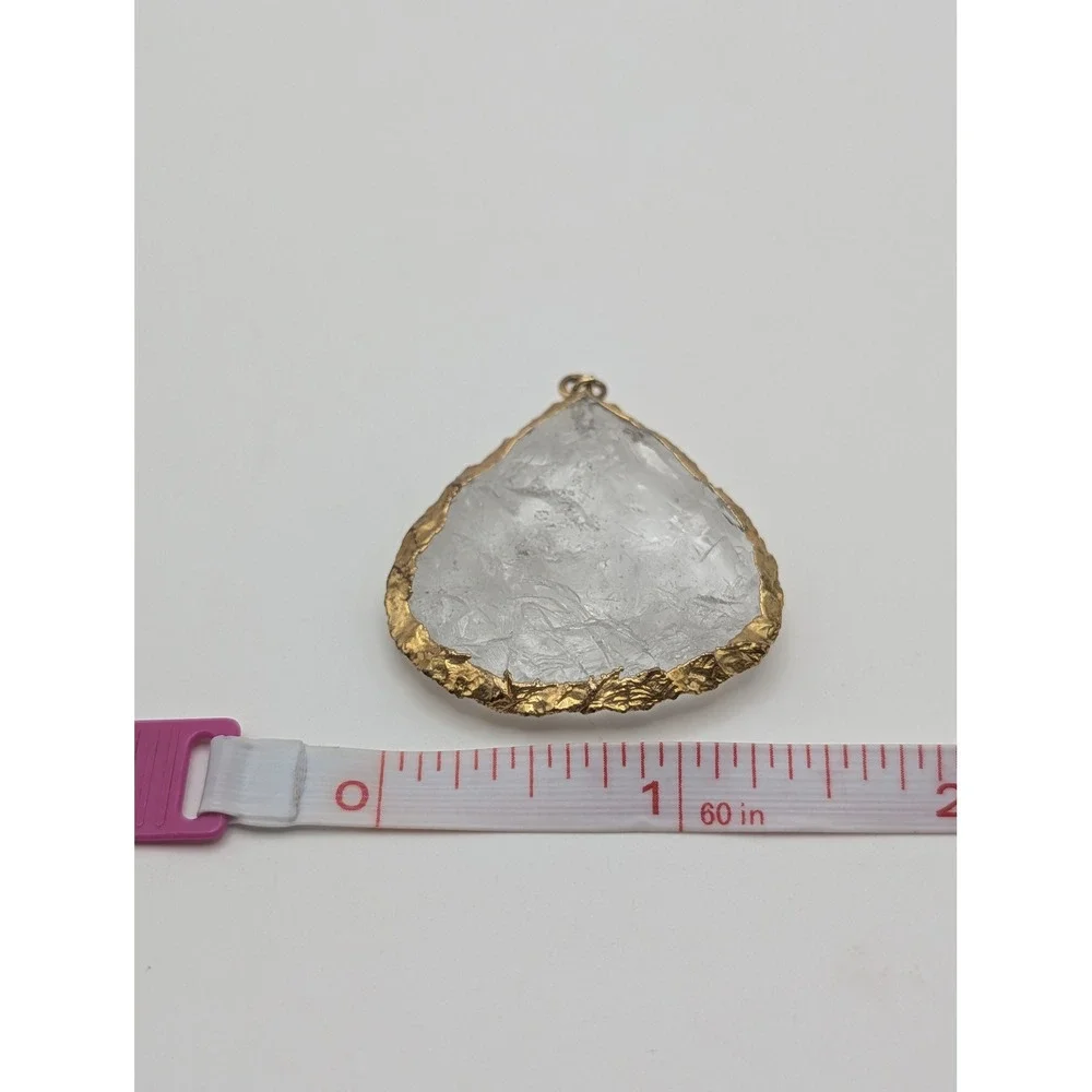 Unsigned Raw Clear Quartz Crystal Slice Pendant Gold Tone Edge Boho Statement